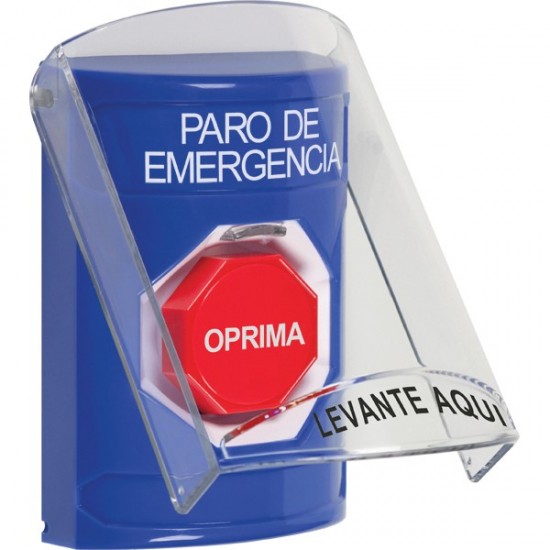 SS2422ES-ES STI Blue Indoor Only Flush or Surface Key-to-Reset (Illuminated) Stopper Station with EMERGENCY STOP Label Spanish