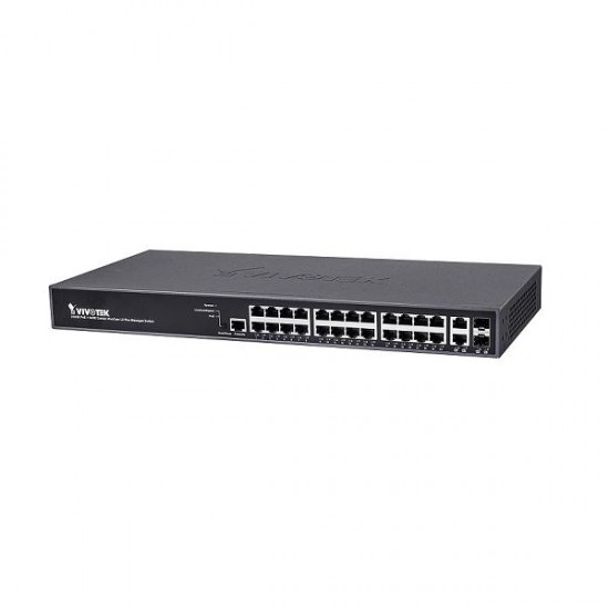 AW-GEV-267A-370 Vivotek 24 Port GbE RJ45 + 2 Port GbE RJ45/SFP + 1 Port RJ45 370W Total Layer 2 VivoCam Managed PoE Switch